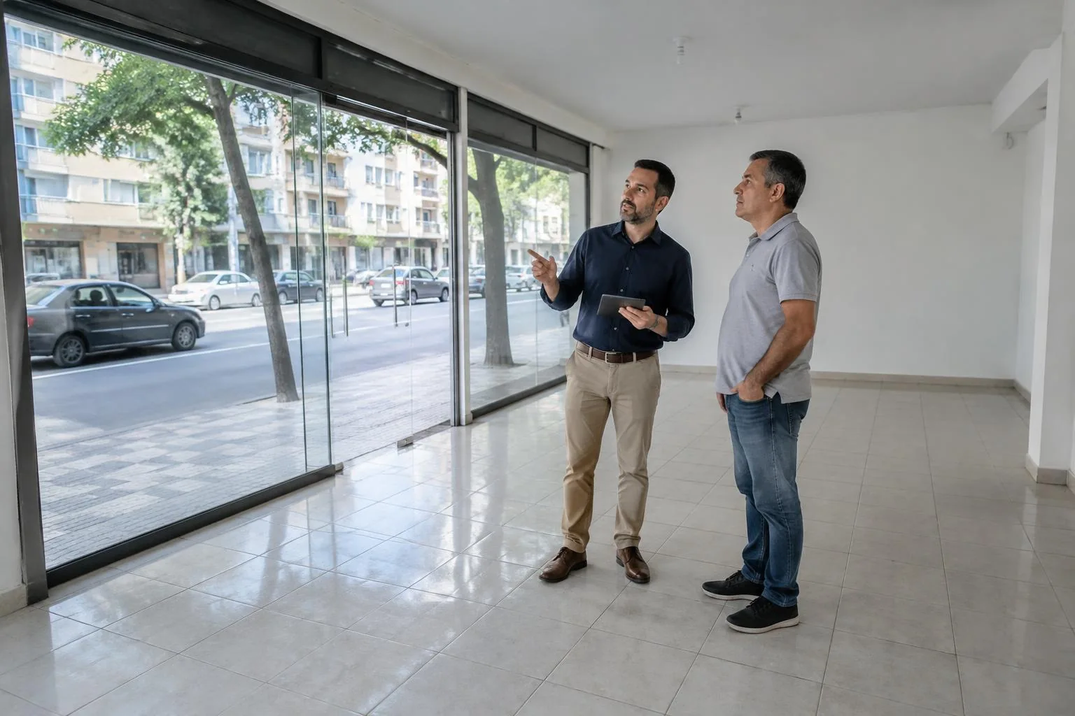 Foto ilustrativa de vistoria de imóvel comercial com fachada de vidro em rua brasileira