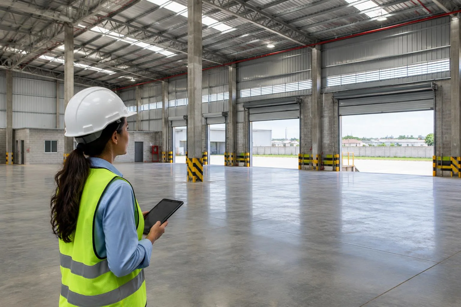 Foto ilustrativa de profissional com capacete e tablet vistoriando galpão logístico com docas e piso de concreto