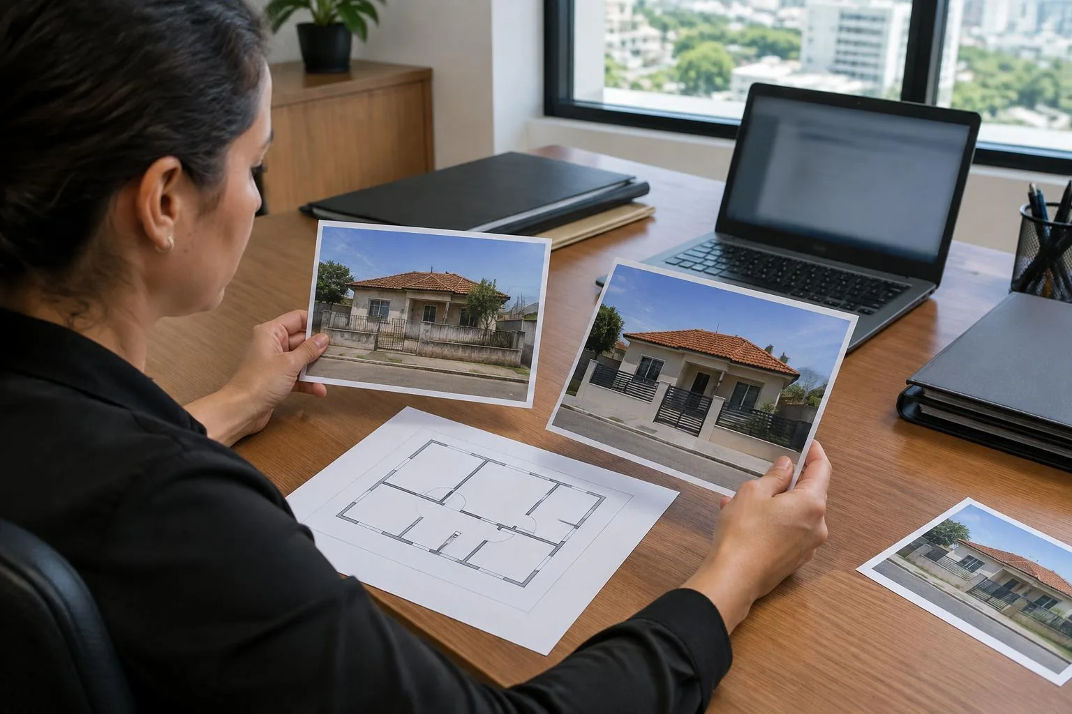 Foto ilustrativa de avaliadora comparando fotografias antigas e recentes de uma casa brasileira sobre uma planta