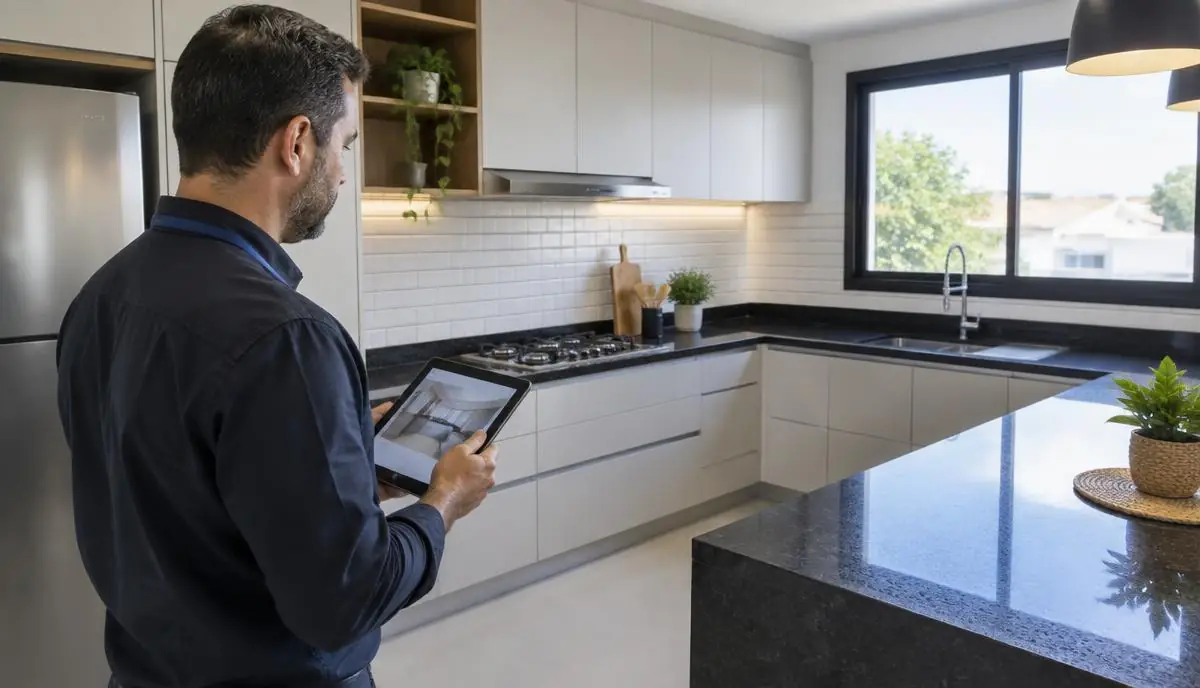 Profissional vistoriando cozinha reformada para avaliação