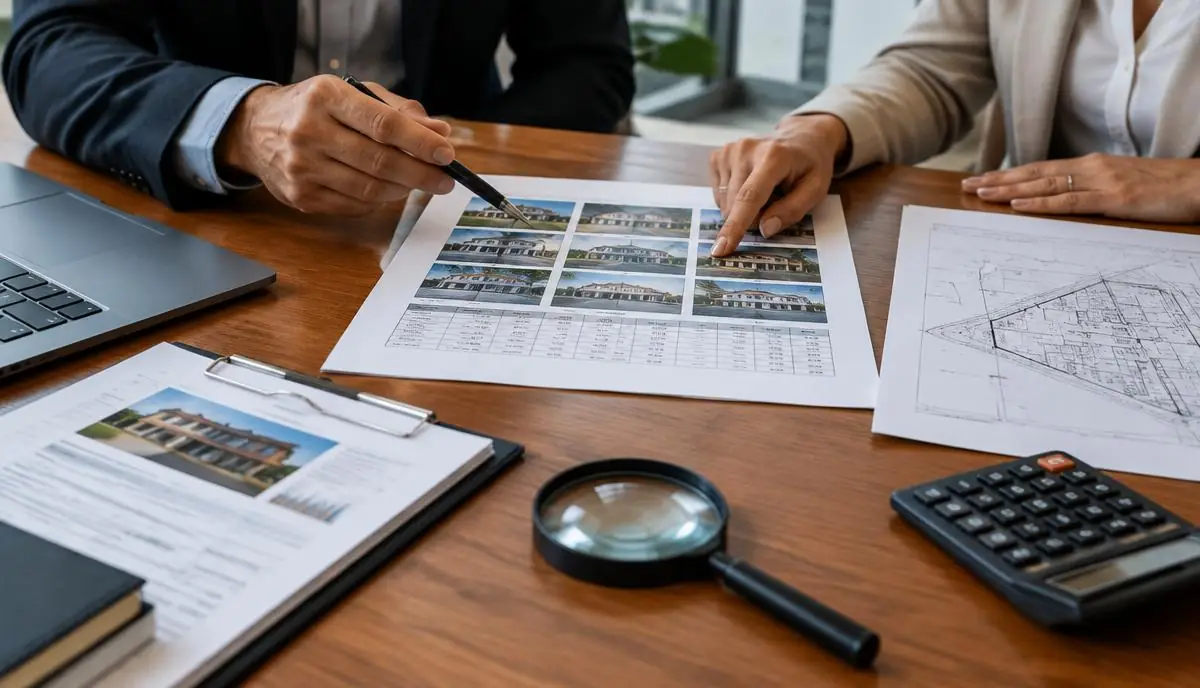 Advogado analisando documentos e laudo pericial sobre a mesa do escritório