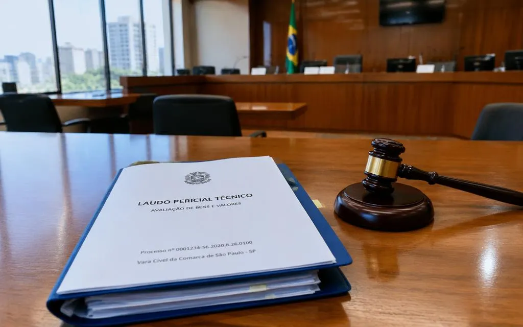 Laudo pericial técnico sobre mesa de sala de audiência
