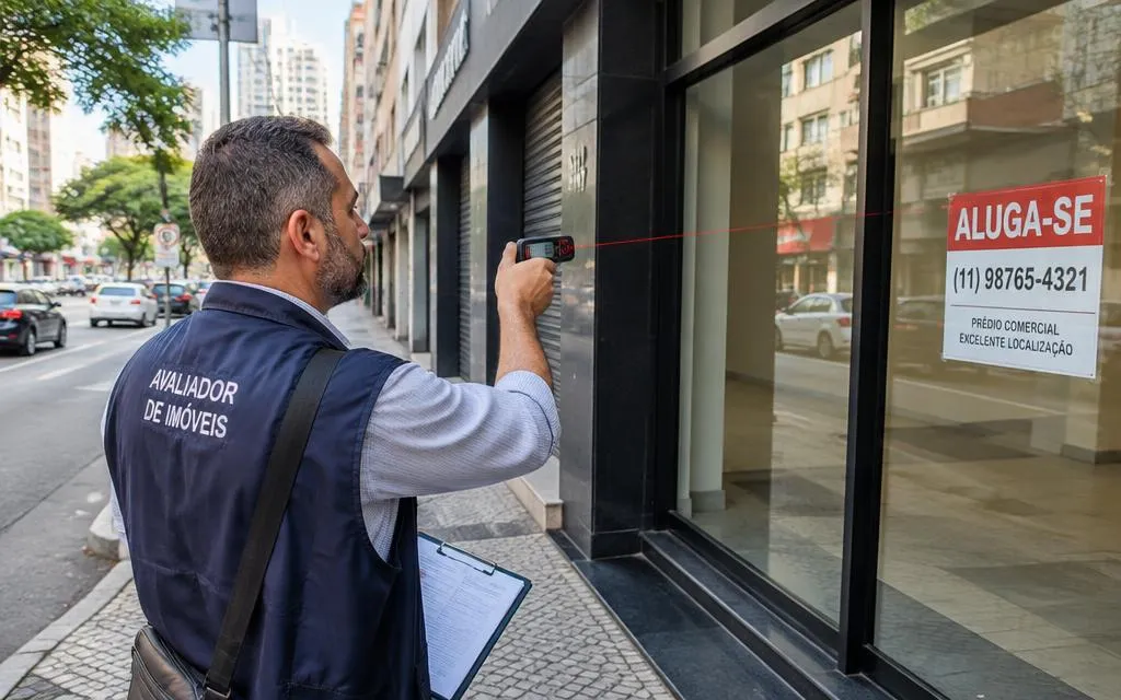 Avaliador medindo fachada de loja comercial em rua de São Paulo