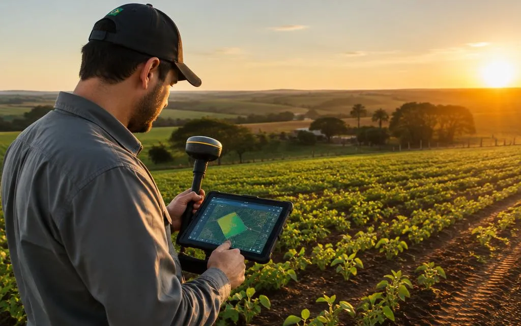Técnico com GPS e tablet em lavoura no interior paulista