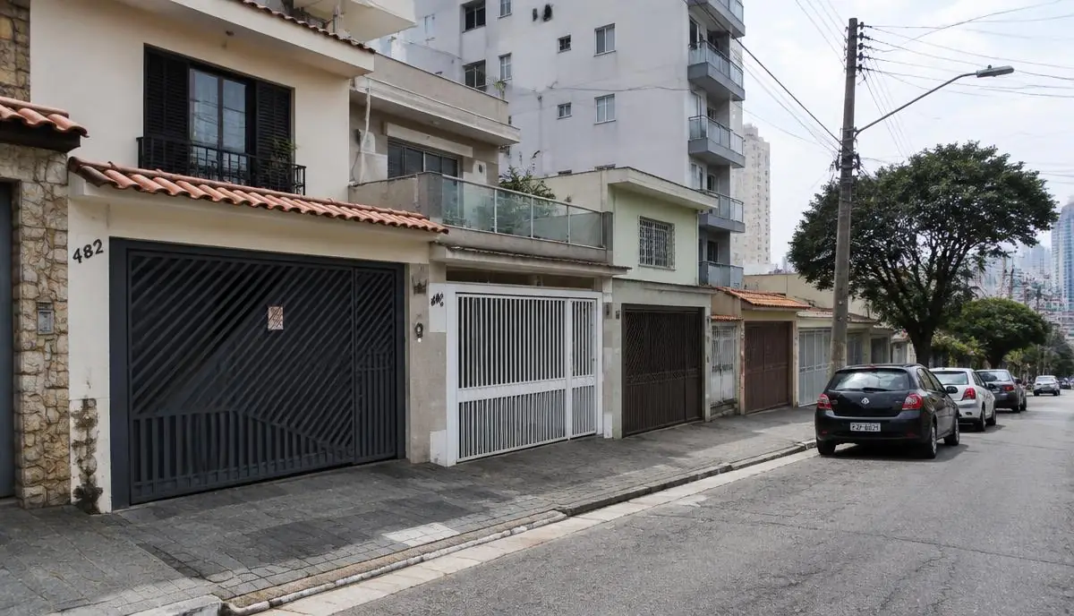 Rua residencial brasileira com casas e prédios de diferentes características