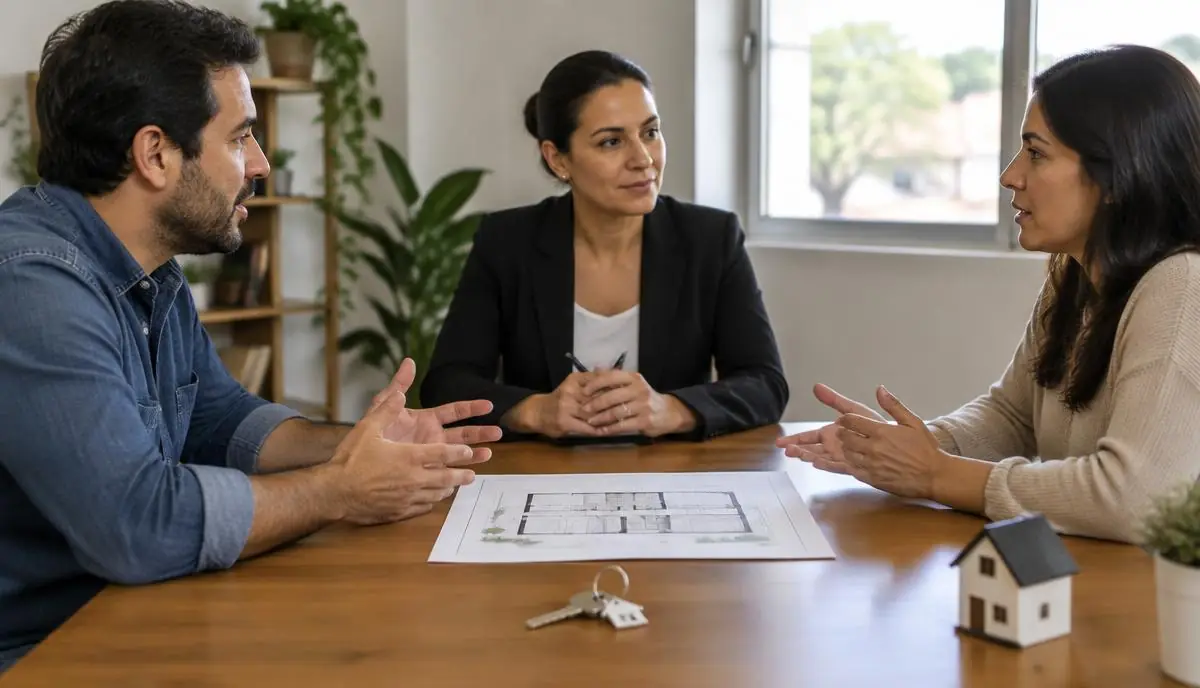 Casal e mediadora conversando sobre partilha de imóvel